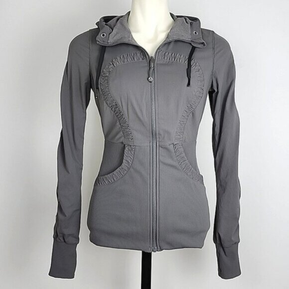 Lululemon Grey Dance Studio Reversible Jacket Hooded Stretch Thumbholes Size 6 - Picture 2 of 15